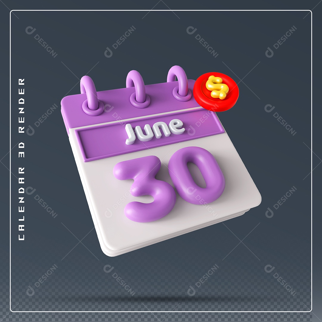 Calendário Do mês Junho Dia 30 Elemento 3D Rosa e Branco Para Composição PSD