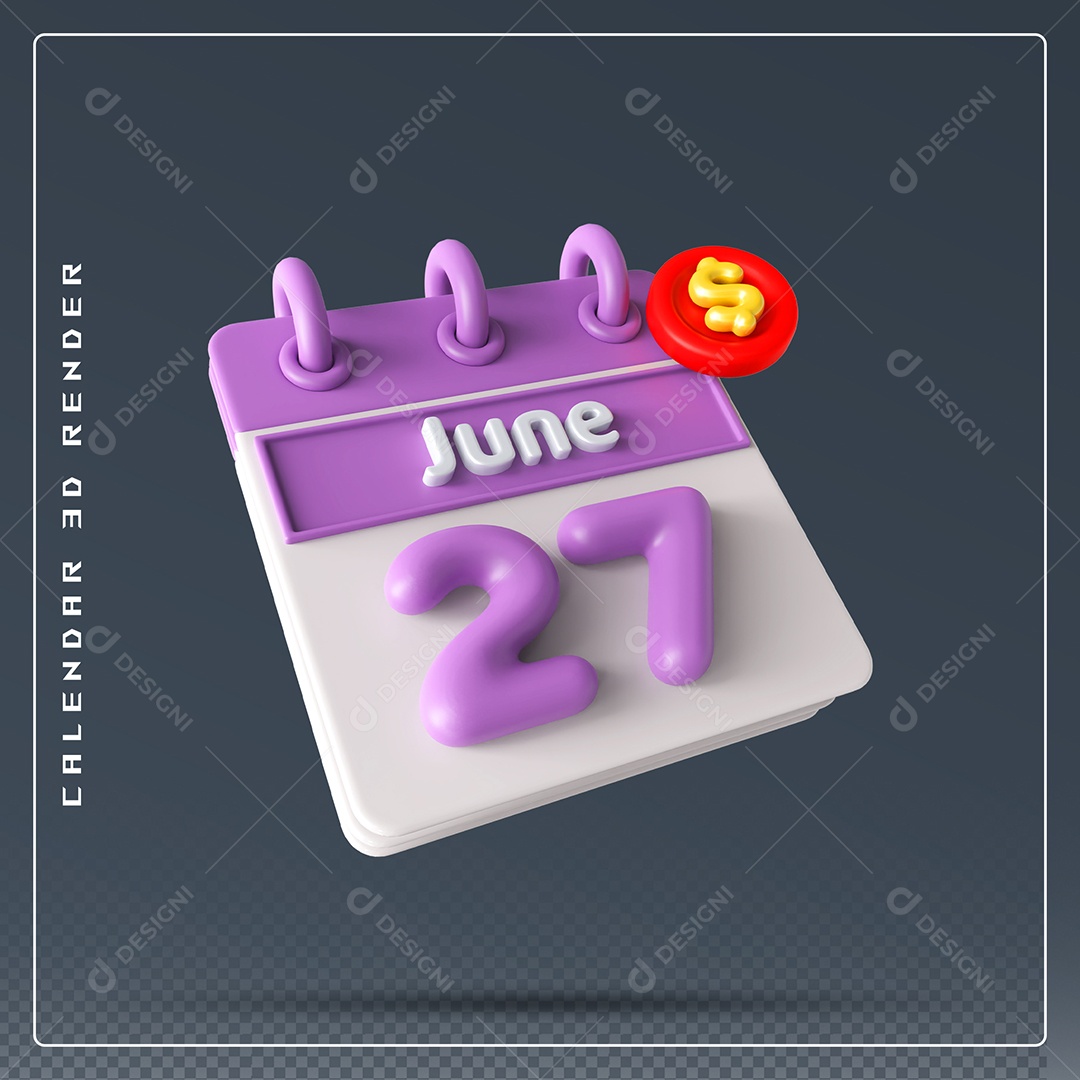 Calendário Do mês Junho Dia 27 Elemento 3D Rosa e Branco Para Composição PSD