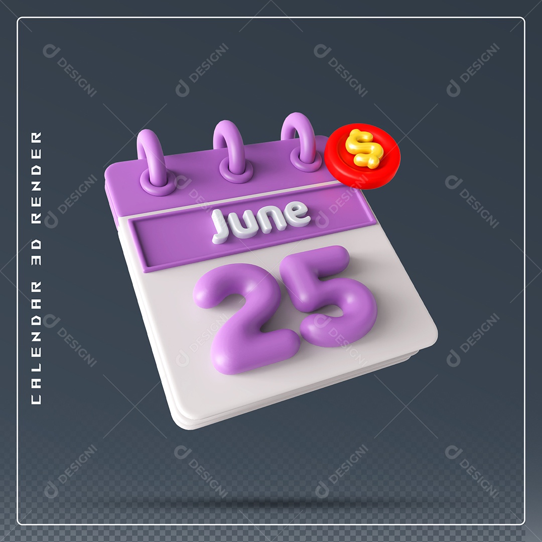 Calendário Do mês Junho Dia 25 Elemento 3D Rosa e Branco Para Composição PSD