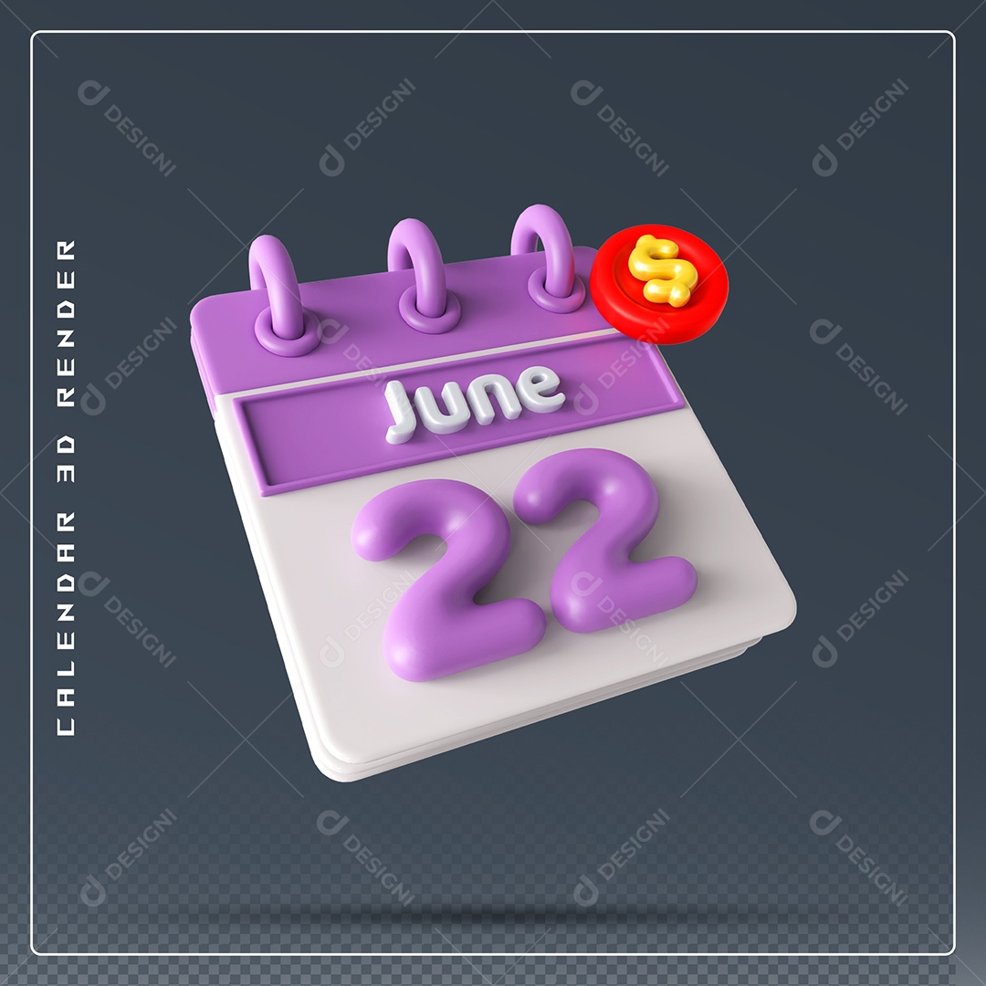 Calendário Do mês Junho Dia 22 Elemento 3D Rosa e Branco Para Composição PSD