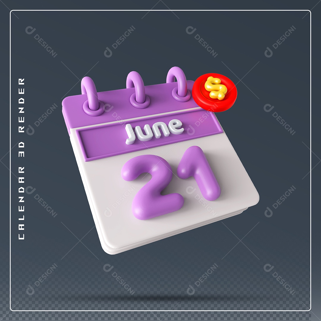 Calendário Do mês Junho Dia 21 Elemento 3D Rosa e Branco Para Composição PSD