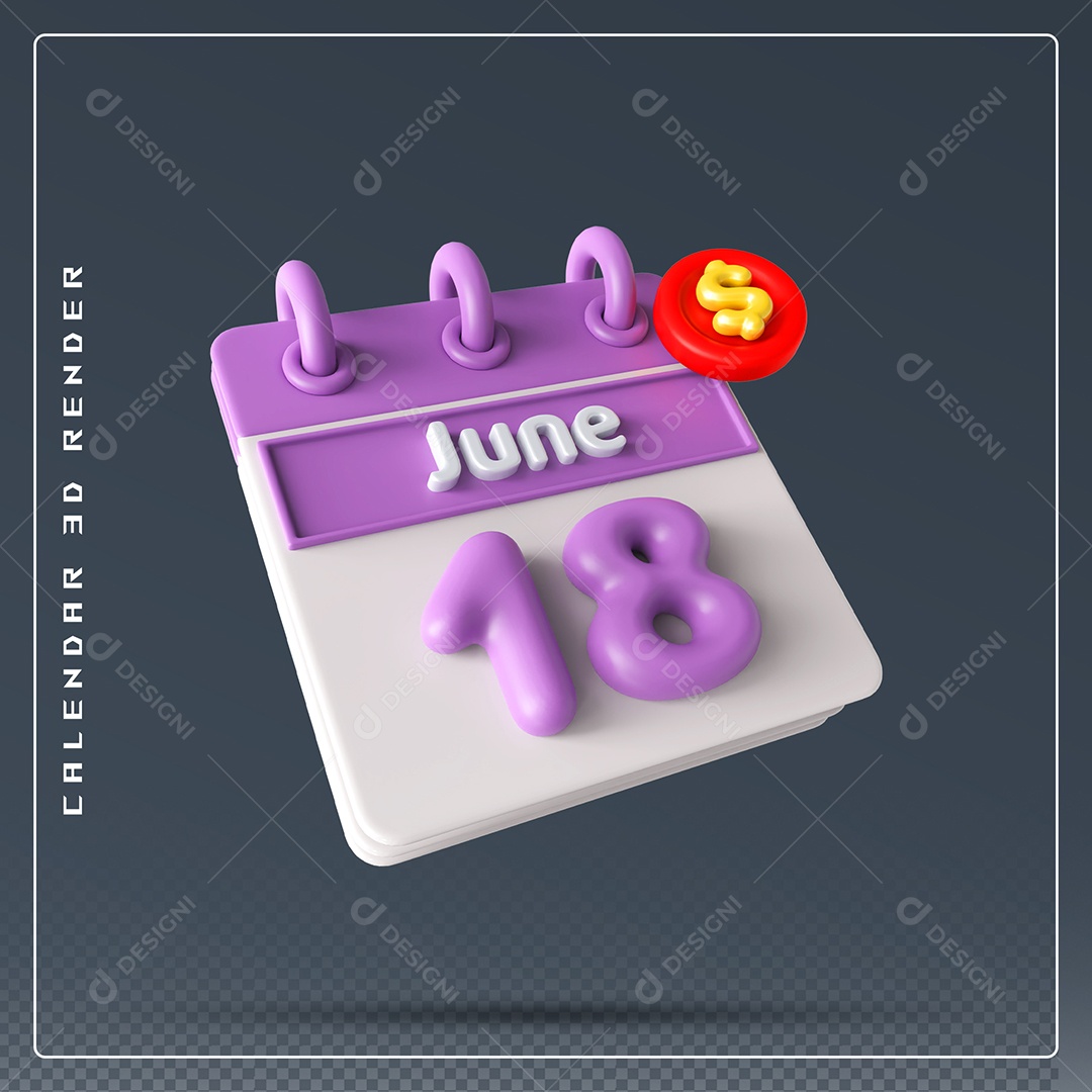 Calendário Do mês Junho Dia 18 Elemento 3D Rosa e Branco Para Composição PSD