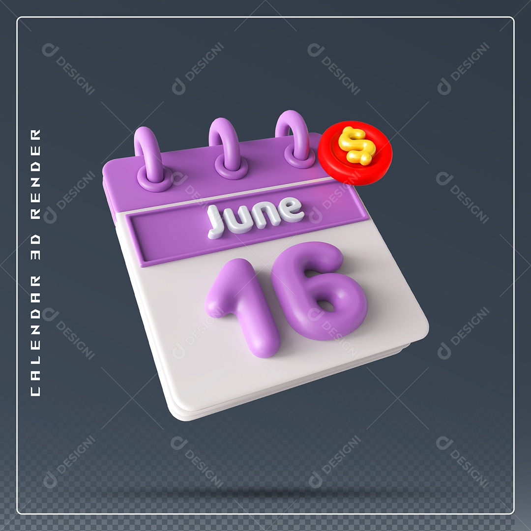 Calendário Do mês Junho Dia 16 Elemento 3D Rosa e Branco Para Composição PSD