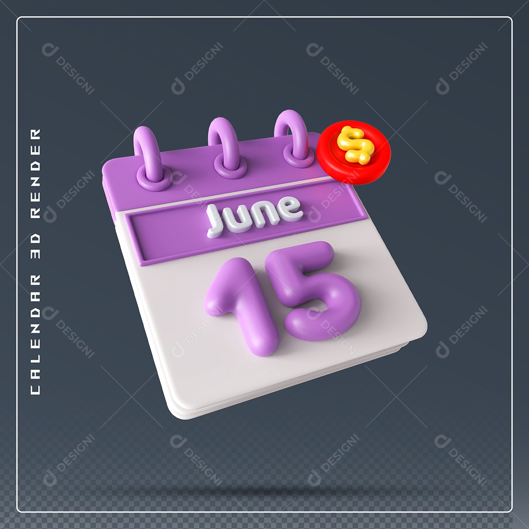 Calendário Do mês Junho Dia 15 Elemento 3D Rosa e Branco Para Composição PSD