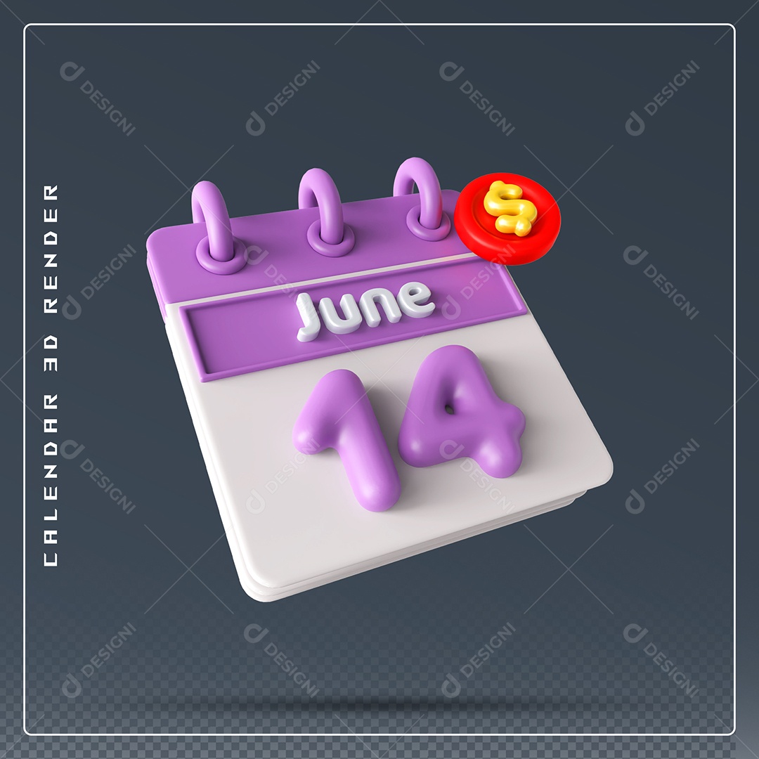 Calendário Do mês Junho Dia 14 Elemento 3D Rosa e Branco Para Composição PSD