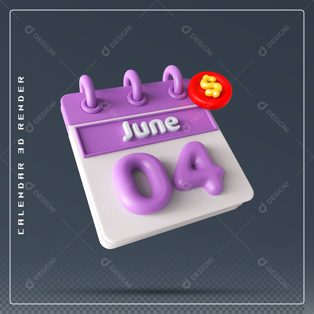 Calendário Do mês Junho Dia 04 Elemento 3D Rosa e Branco Para Composição PSD