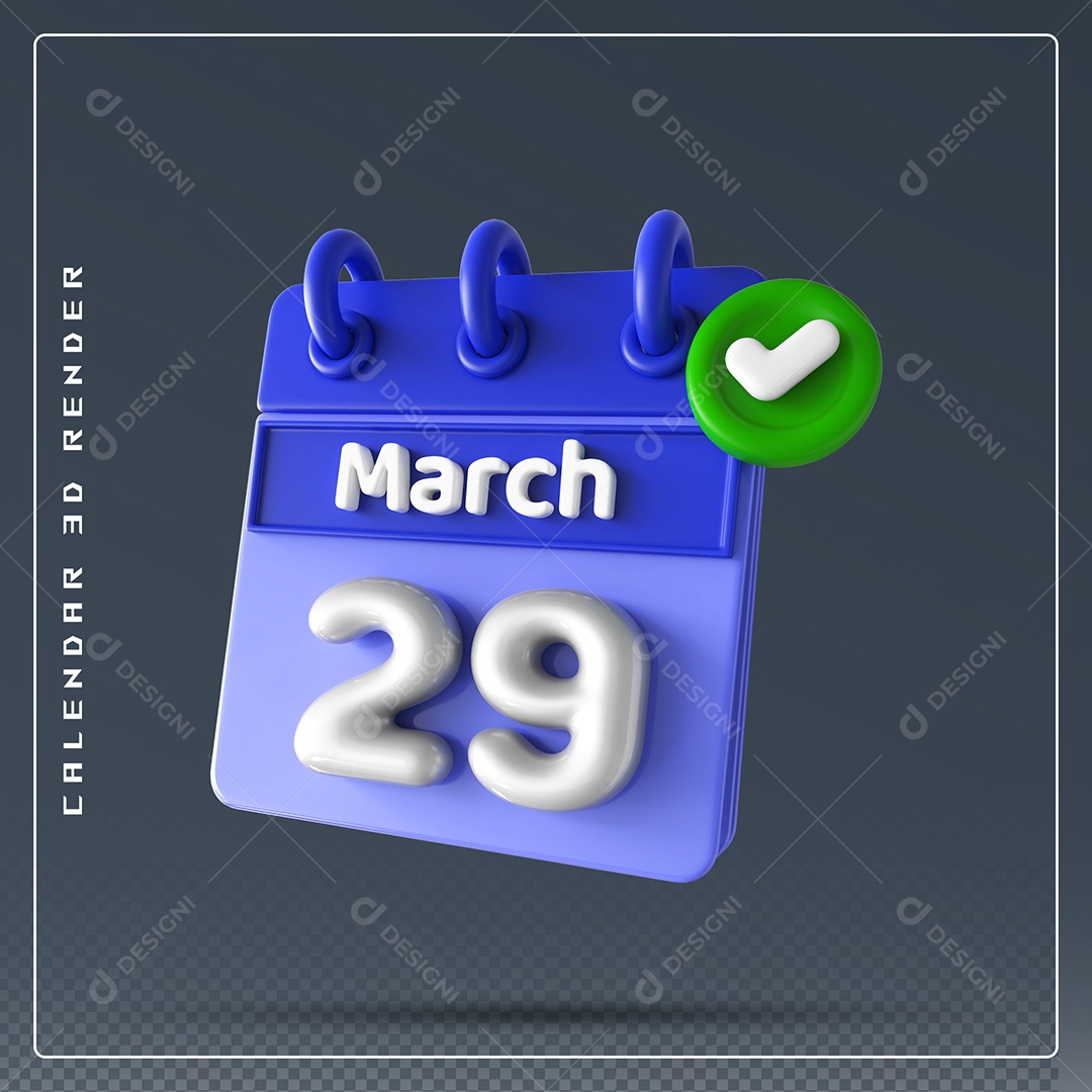 Calendário Do mês Março Dia 29 Elemento 3D Azul e Branco Para Composição PSD