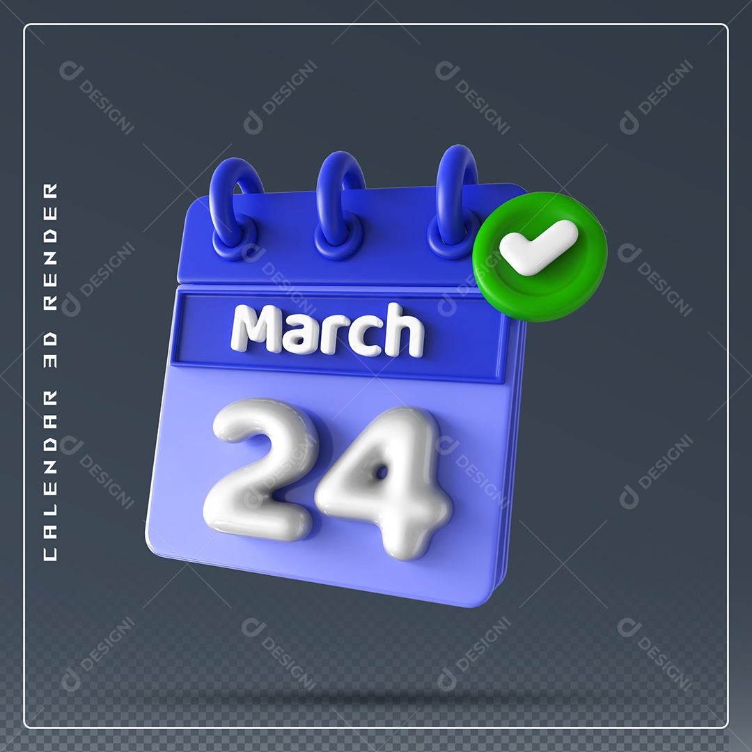 Calendário Do mês Março Dia 24 Elemento 3D Azul e Branco Para Composição PSD