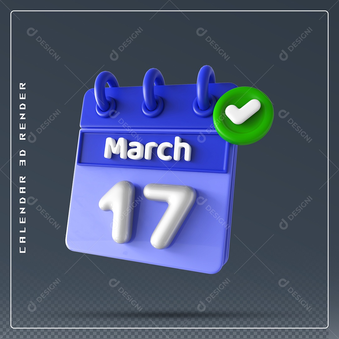 Calendário Do mês Março Dia 17 Elemento 3D Azul e Branco Para Composição PSD