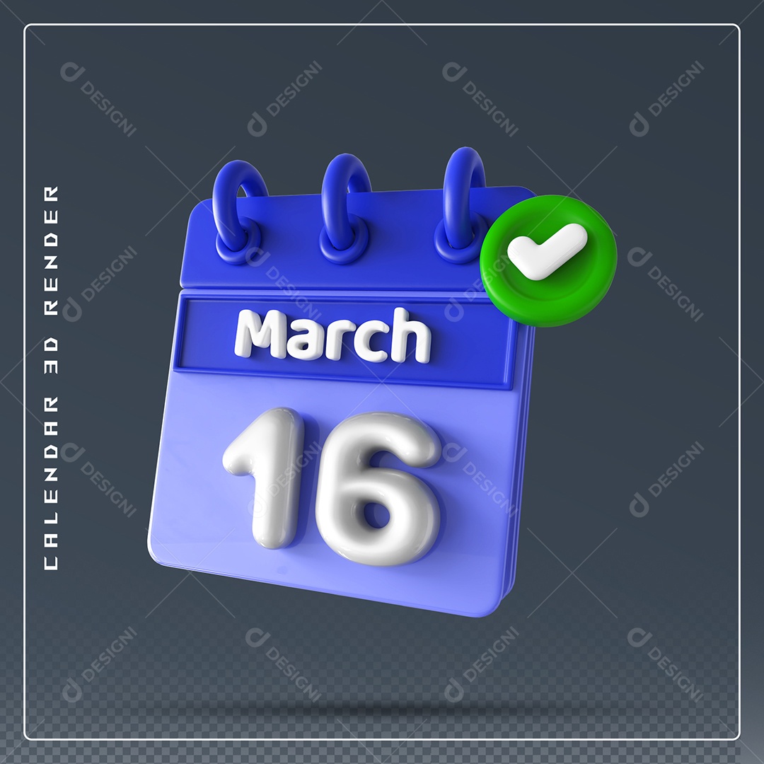 Calendário Do mês Março Dia 16 Elemento 3D Azul e Branco Para Composição PSD