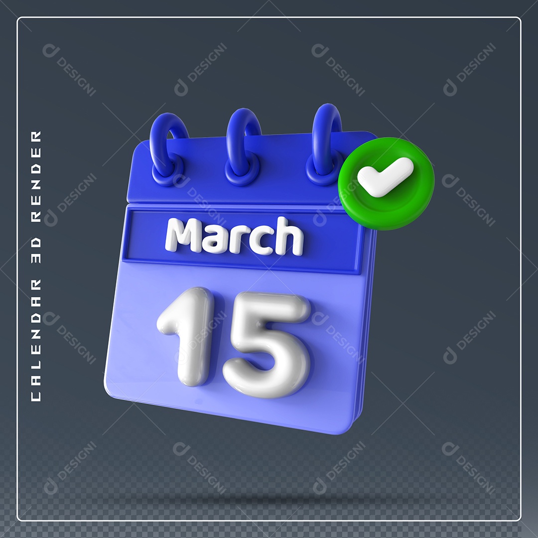 55Calendário Do mês Março Dia 15 Elemento 3D Azul e Branco Para Composição PSD