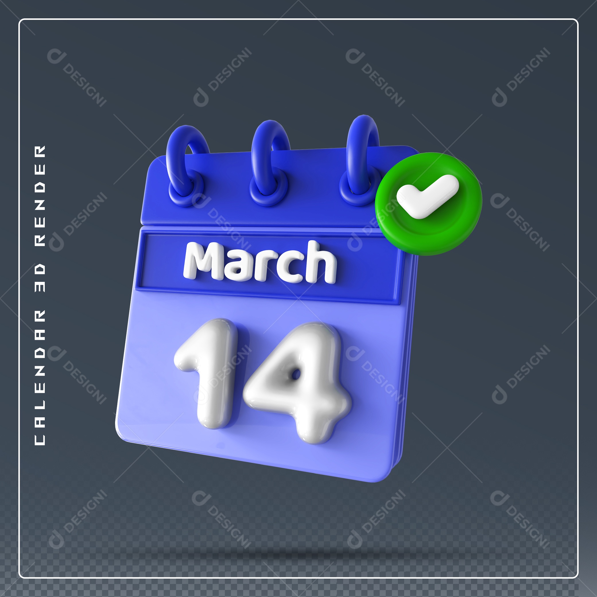 Calendário Do mês Março Dia 14 Elemento 3D Azul e Branco Para Composição PSD