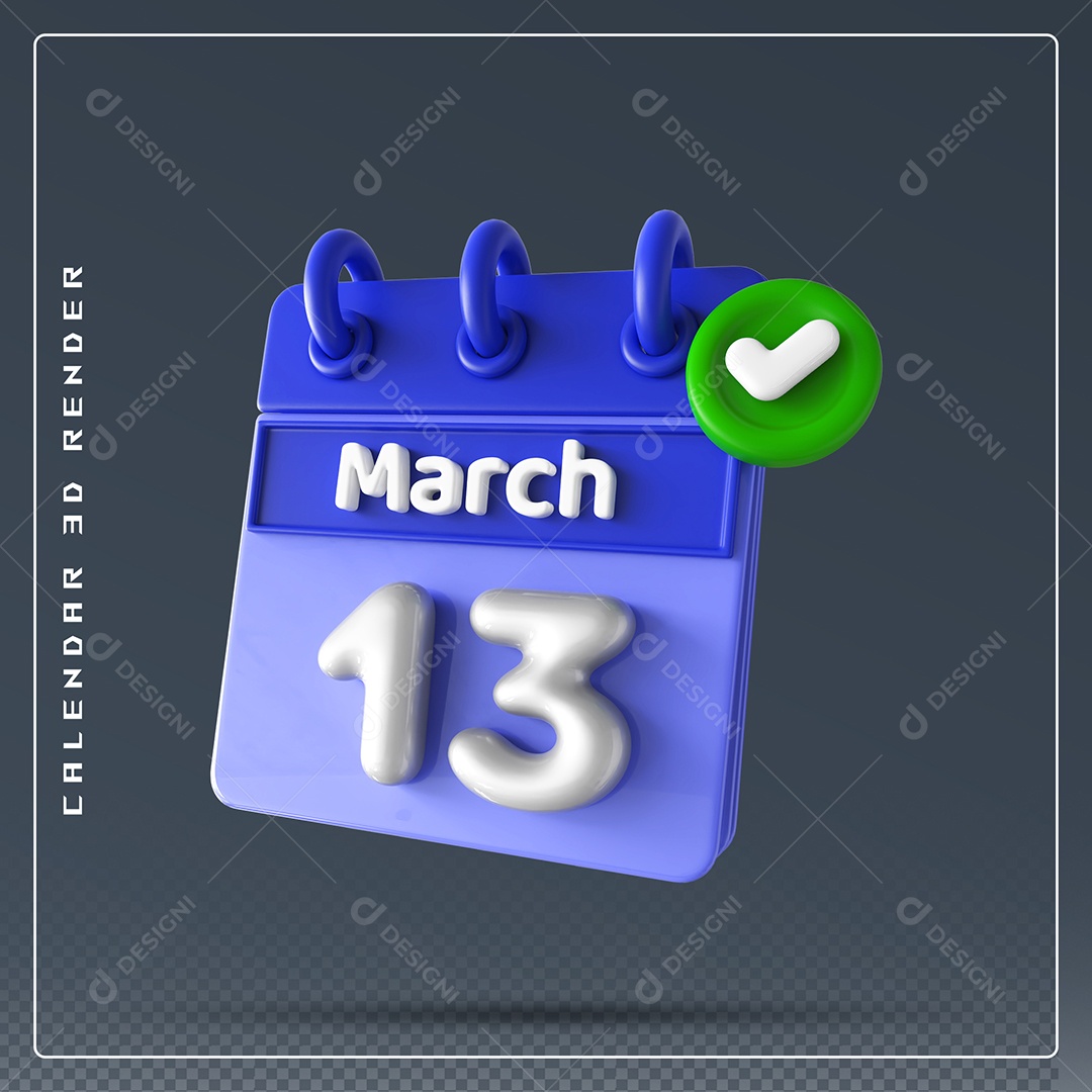 Calendário Do mês Março Dia 13 Elemento 3D Azul e Branco Para Composição PSD