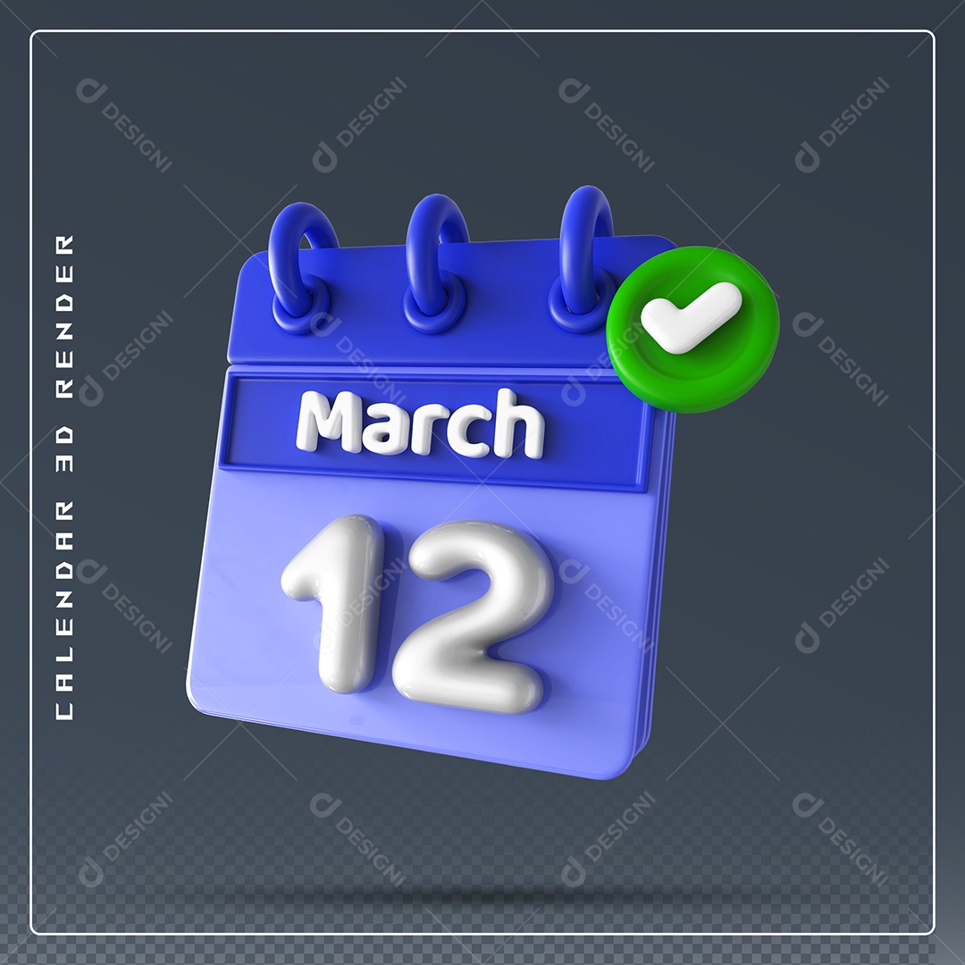 Calendário Do mês Março Dia 12 Elemento 3D Azul e Branco Para Composição PSD
