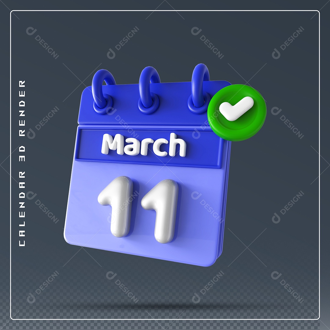 Calendário Do mês Março Dia 11 Elemento 3D Azul e Branco Para Composição PSD