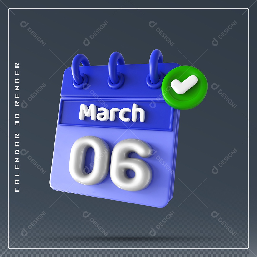 Calendário Do mês Março Dia 06 Elemento 3D Azul e Branco Para Composição PSD
