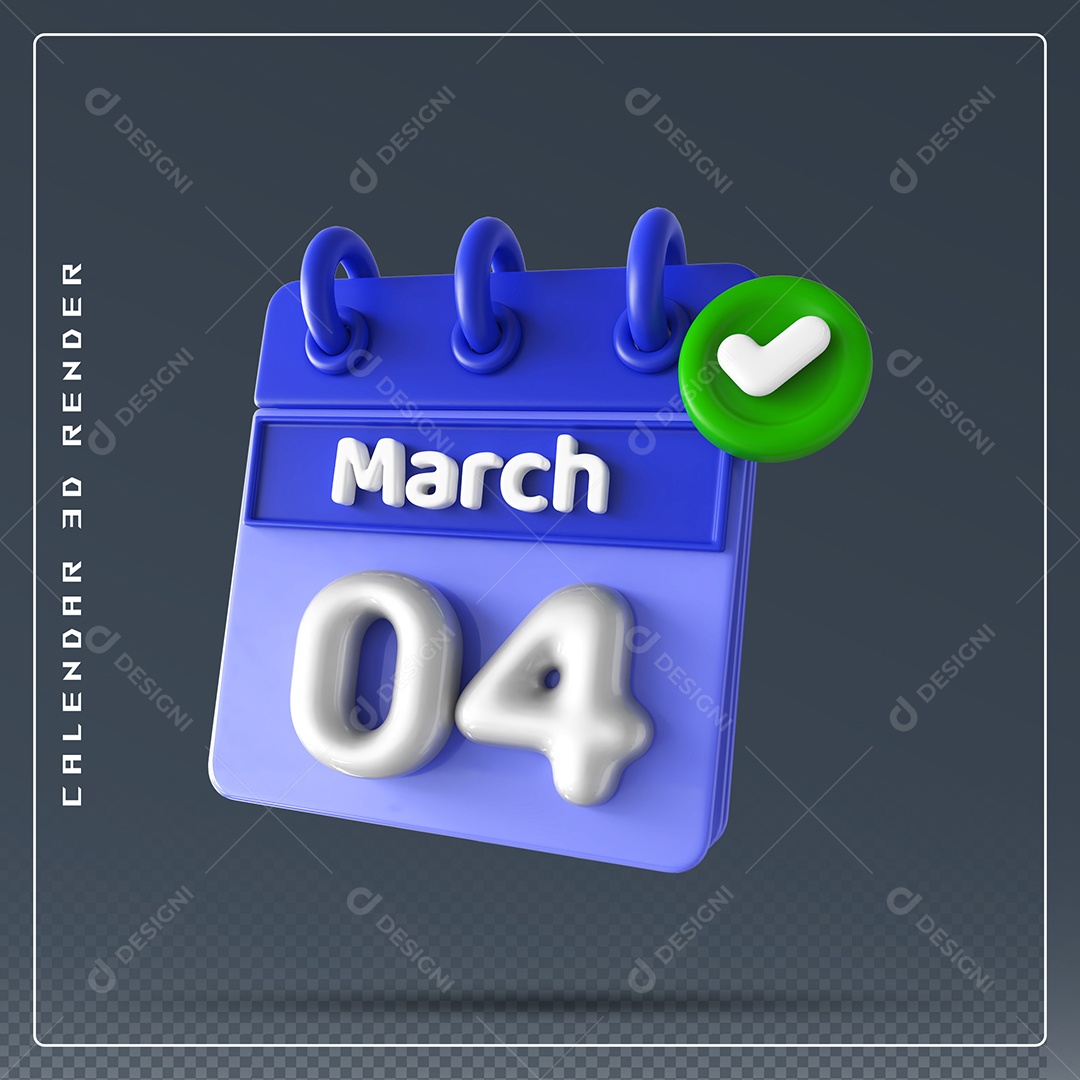 Calendário Do mês Março Dia 04 Elemento 3D Azul e Branco Para Composição PSD
