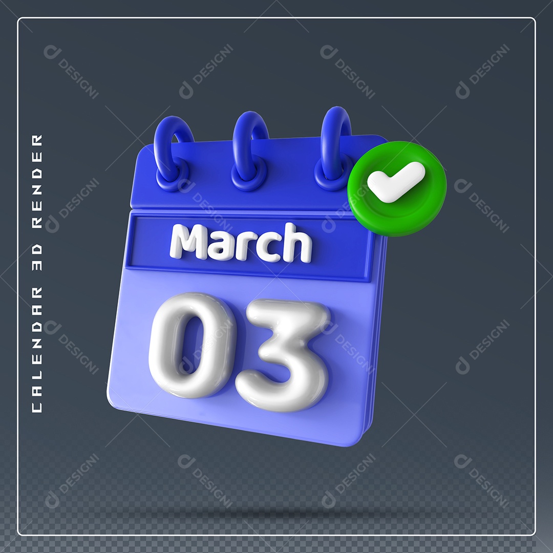 Calendário Do mês Março Dia 03 Elemento 3D Azul e Branco Para Composição PSD