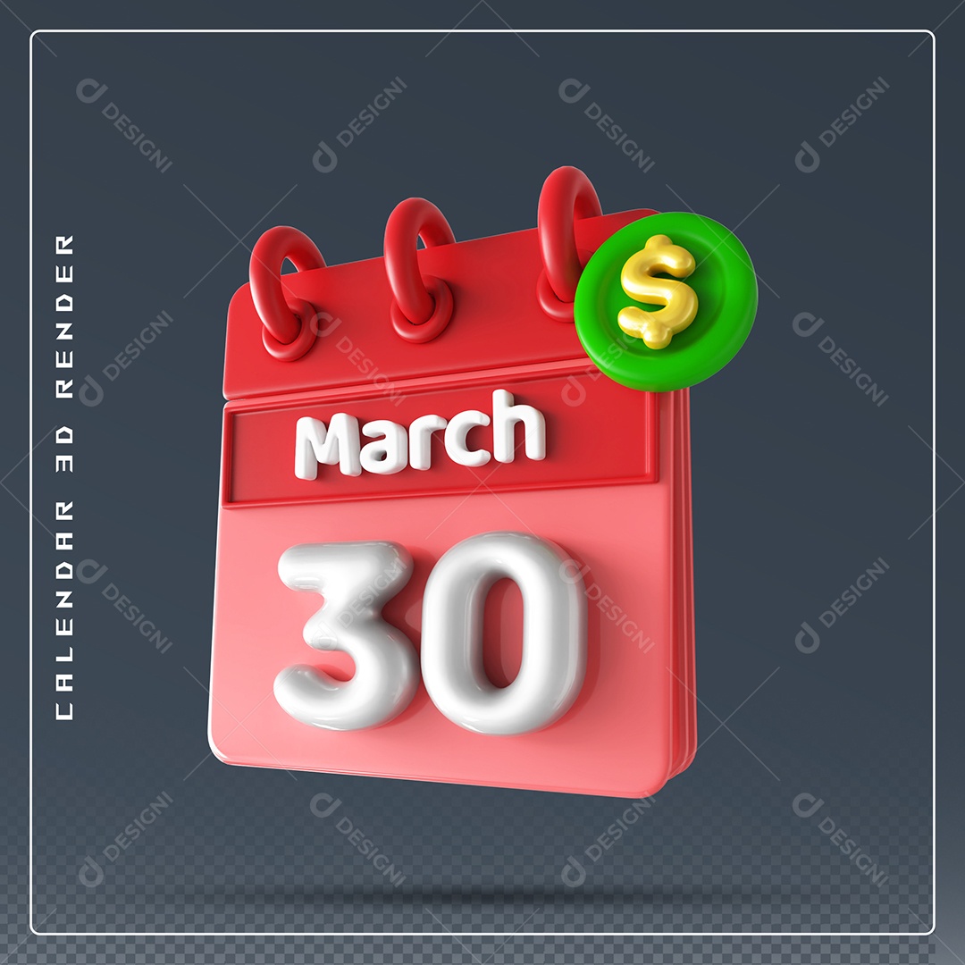 Calendário Do mês Março Dia 30 Elemento 3D Vermelho e Branco Para Composição PSD