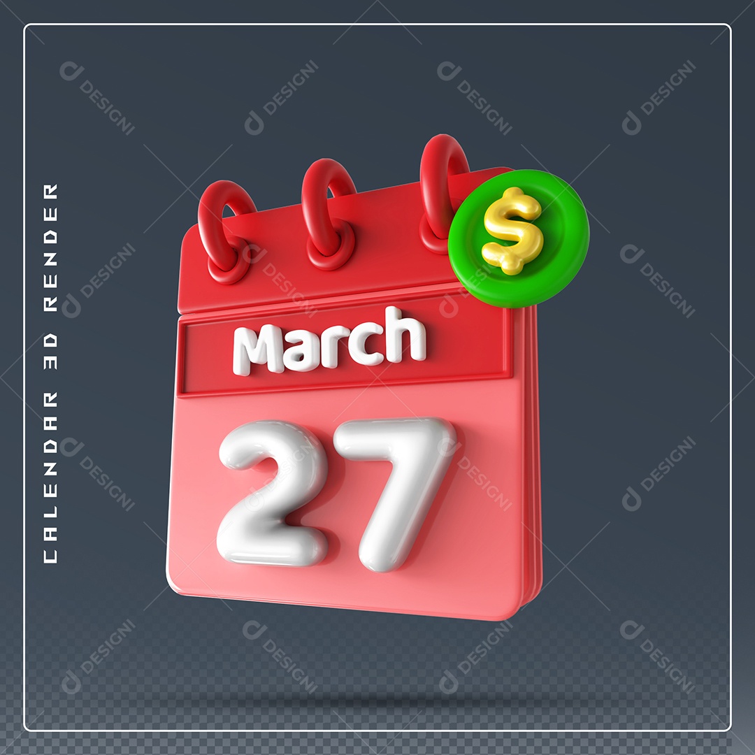 Calendário Do mês Março Dia 27 Elemento 3D Vermelho e Branco Para Composição PSD