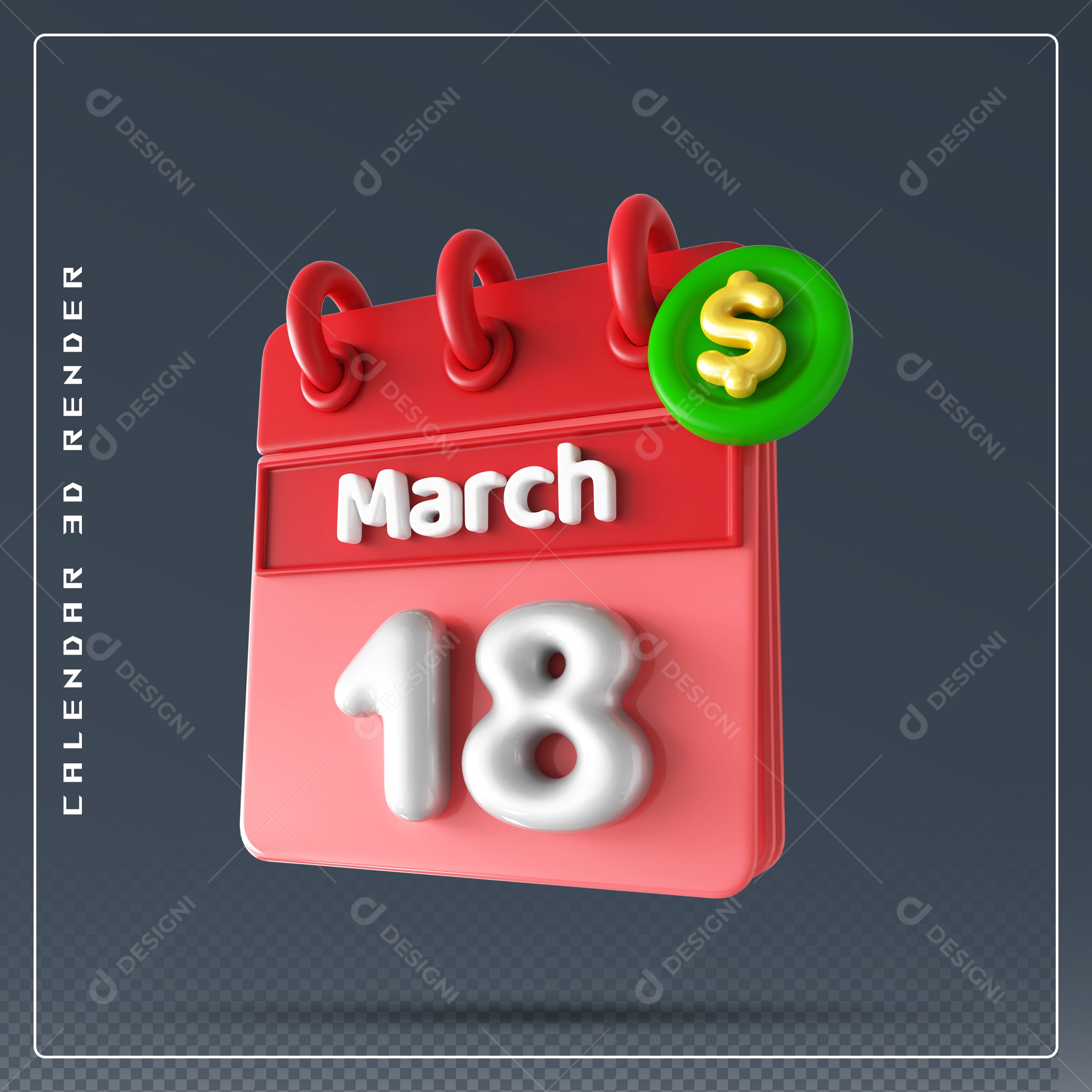 Calendário Do mês Março Dia 18 Elemento 3D Vermelho e Branco Para Composição PSD