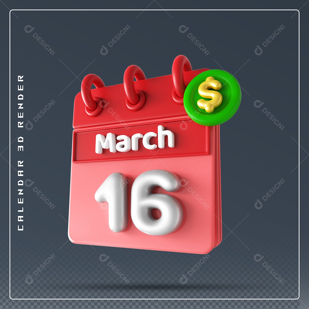 Calendário Do mês Março Dia 16 Elemento 3D Vermelho e Branco Para Composição PSD