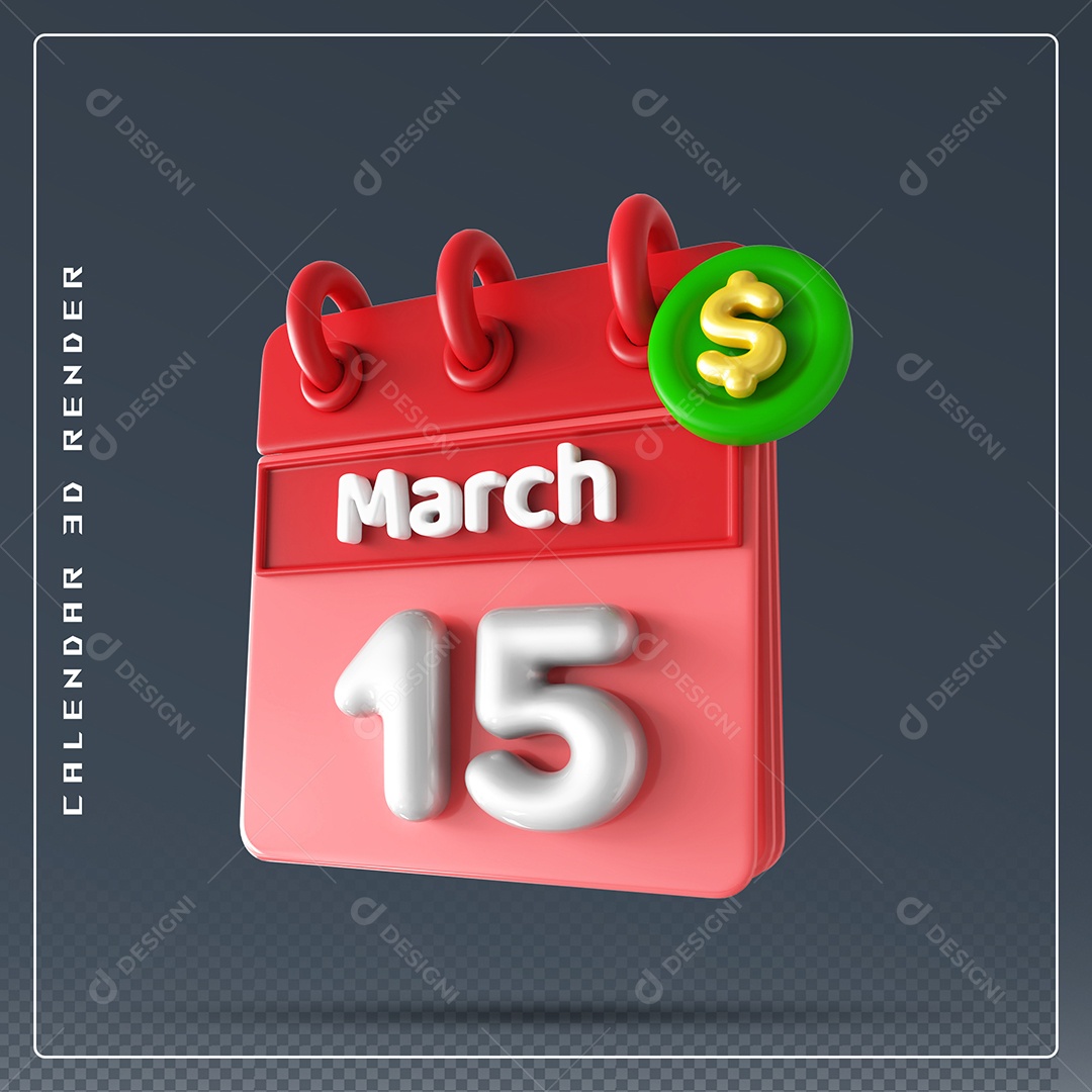 Calendário Do mês Março Dia 15 Elemento 3D Vermelho e Branco Para Composição PSD