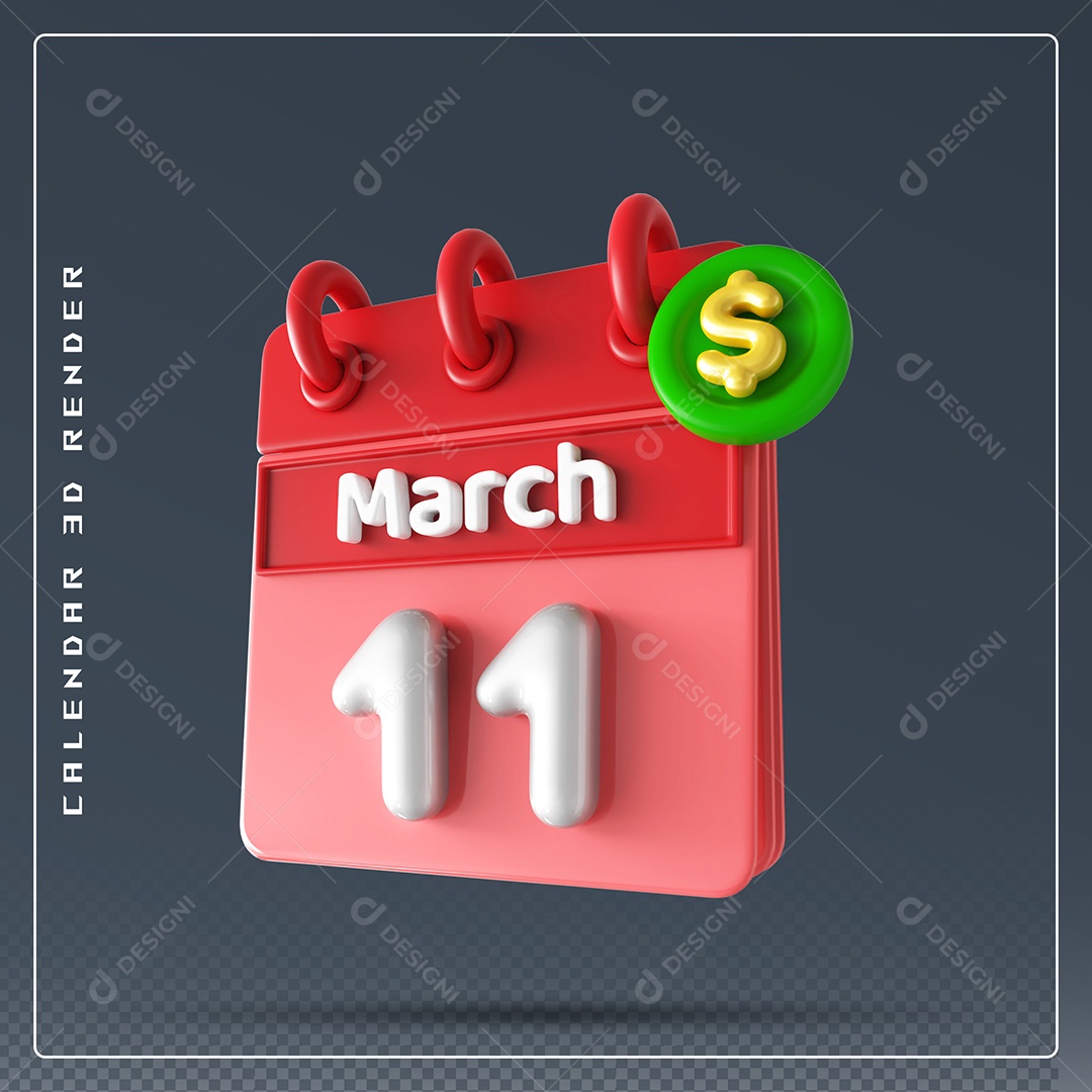 Calendário Do mês Março Dia 11 Elemento 3D Vermelho e Branco Para Composição PSD