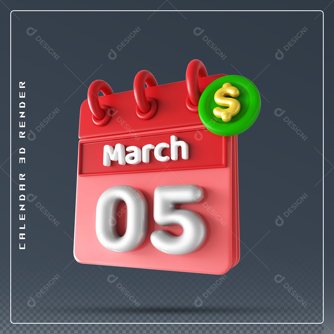Calendário Do mês Março Dia 05 Elemento 3D Vermelho e Branco Para Composição PSD