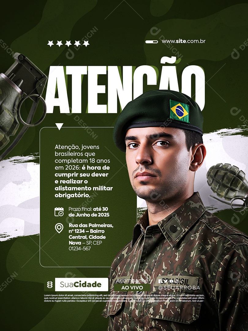 Recrutamento Militar Atenção Brasileiros Social Media PSD Editável