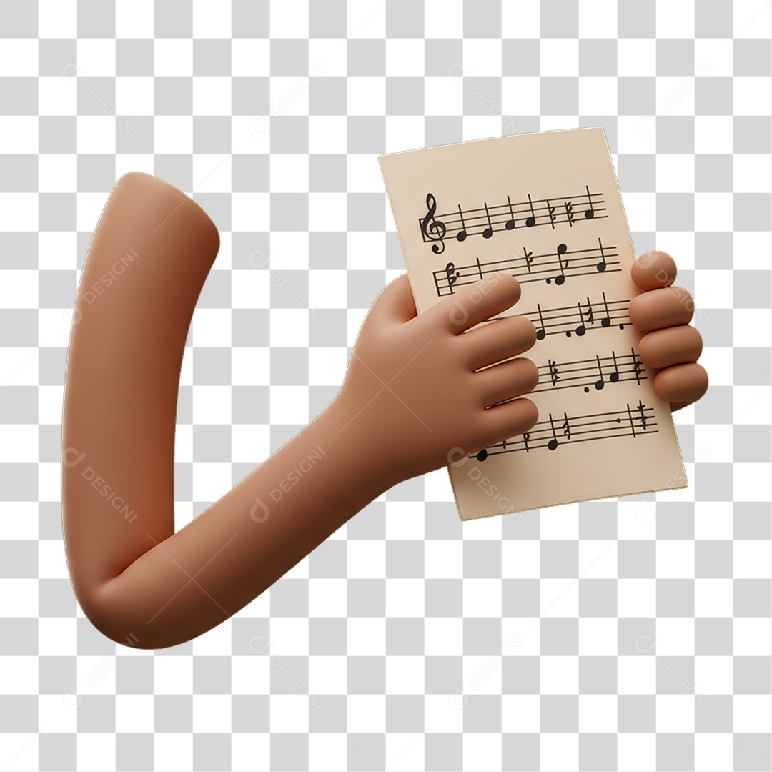 Elemento 3D Mão Segurando um Papel com Notas de Músicas PNG Transparente