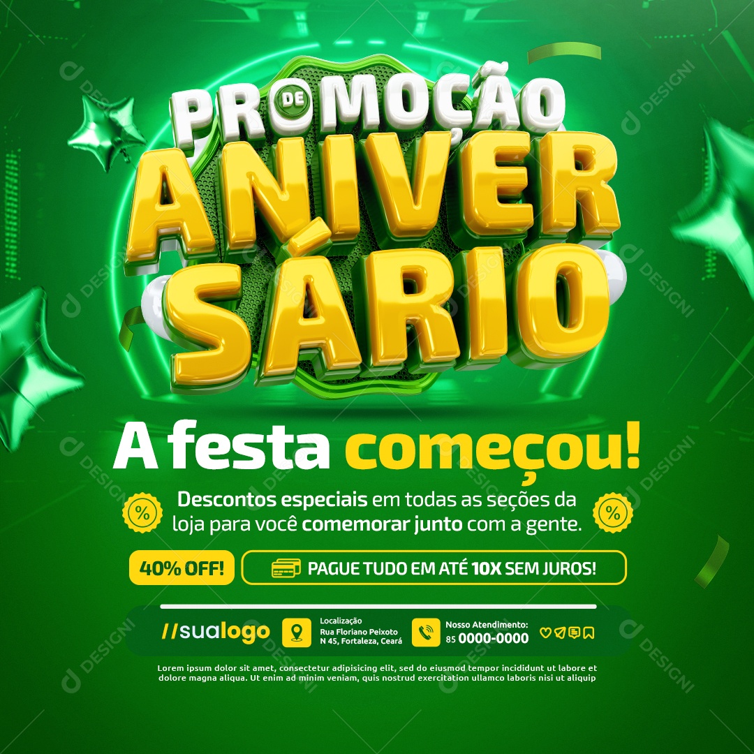 Promoção de Aniversário Supermercado A Festa Começou Social Media PSD Editável