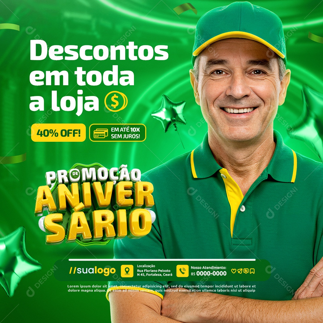 Promoção de Aniversário Supermercado Descontos em Toda a Loja Social Media PSD Editável