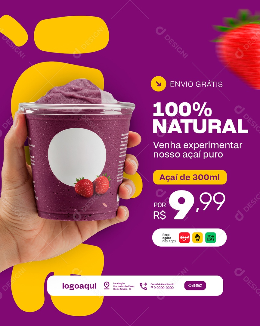 Açaiteria Açaí Natural Venha Experimentar Social Media PSD Editável