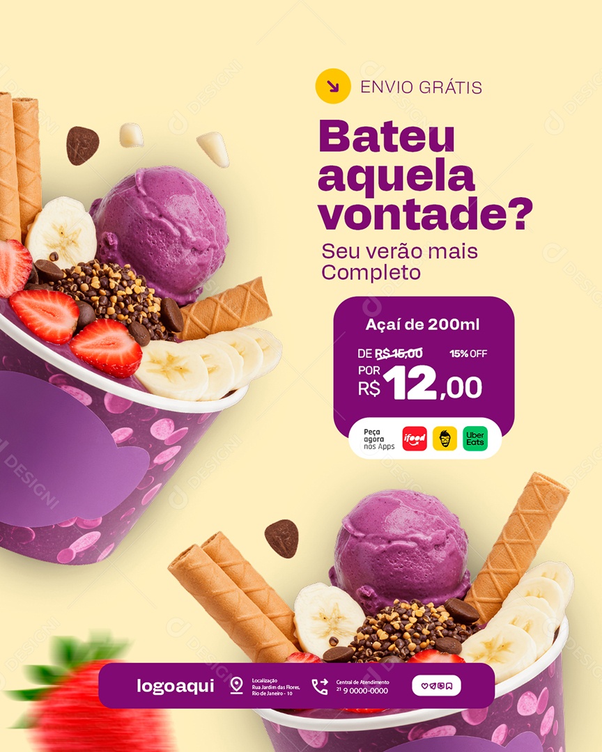 Açaiteria Bateu Aquela Vontade Açaí Social Media PSD Editável