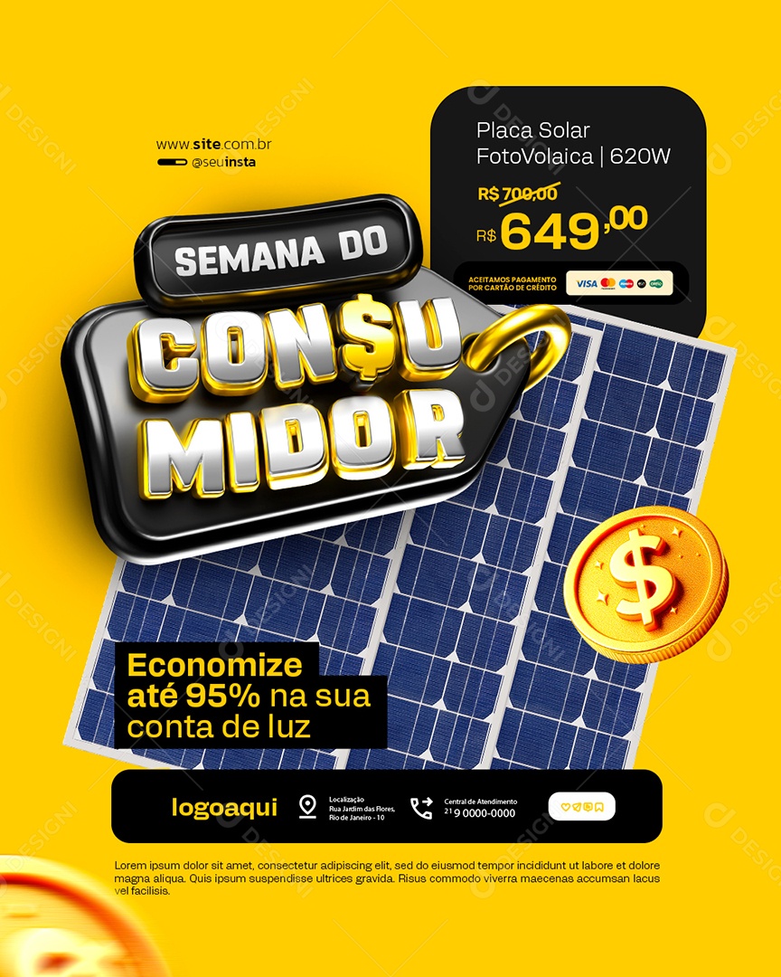 Energia Solar Semana do Consumidor Placa Solar Economize Até 95% Social Media PSD Editável