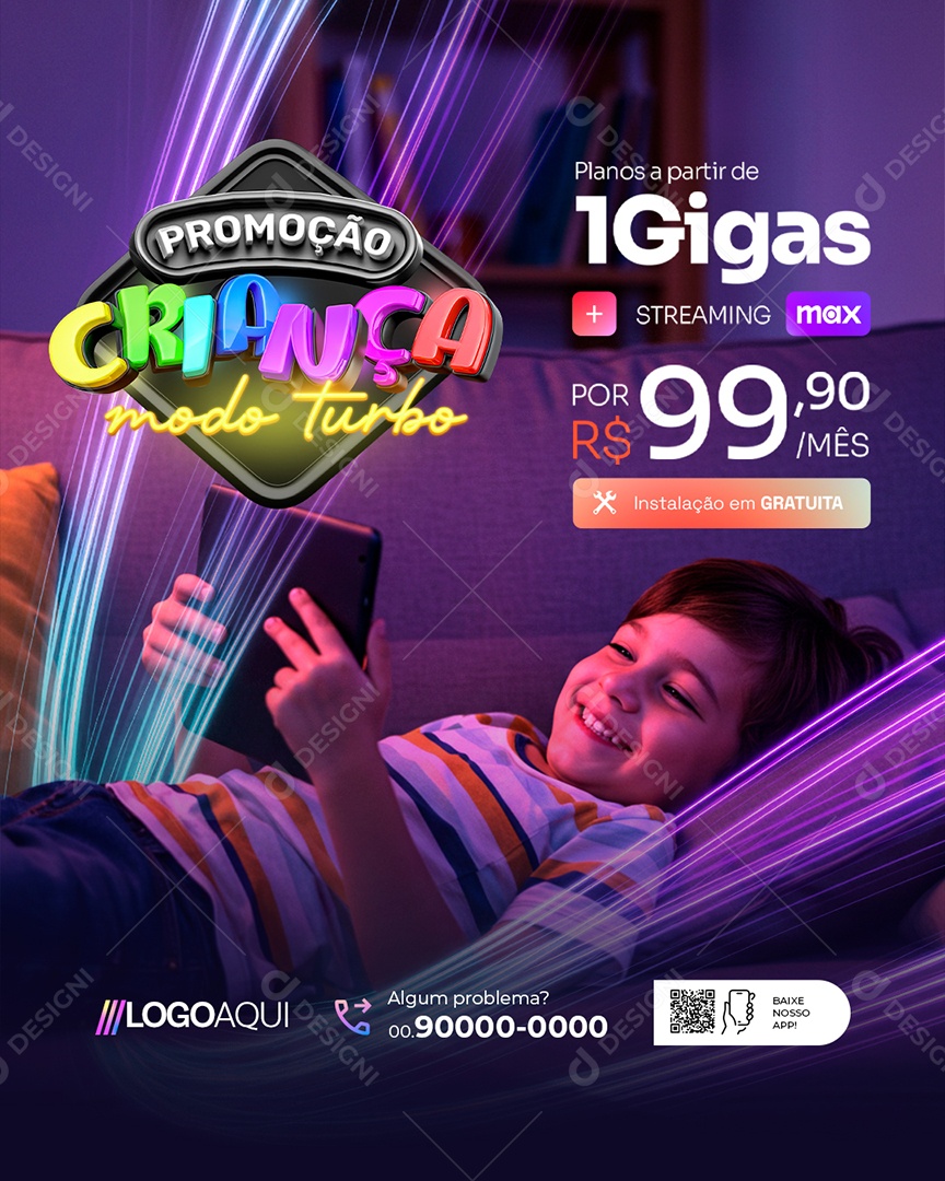 Internet Promoção Criança Modo Turbo Planos Streaming Social Media PSD Editável