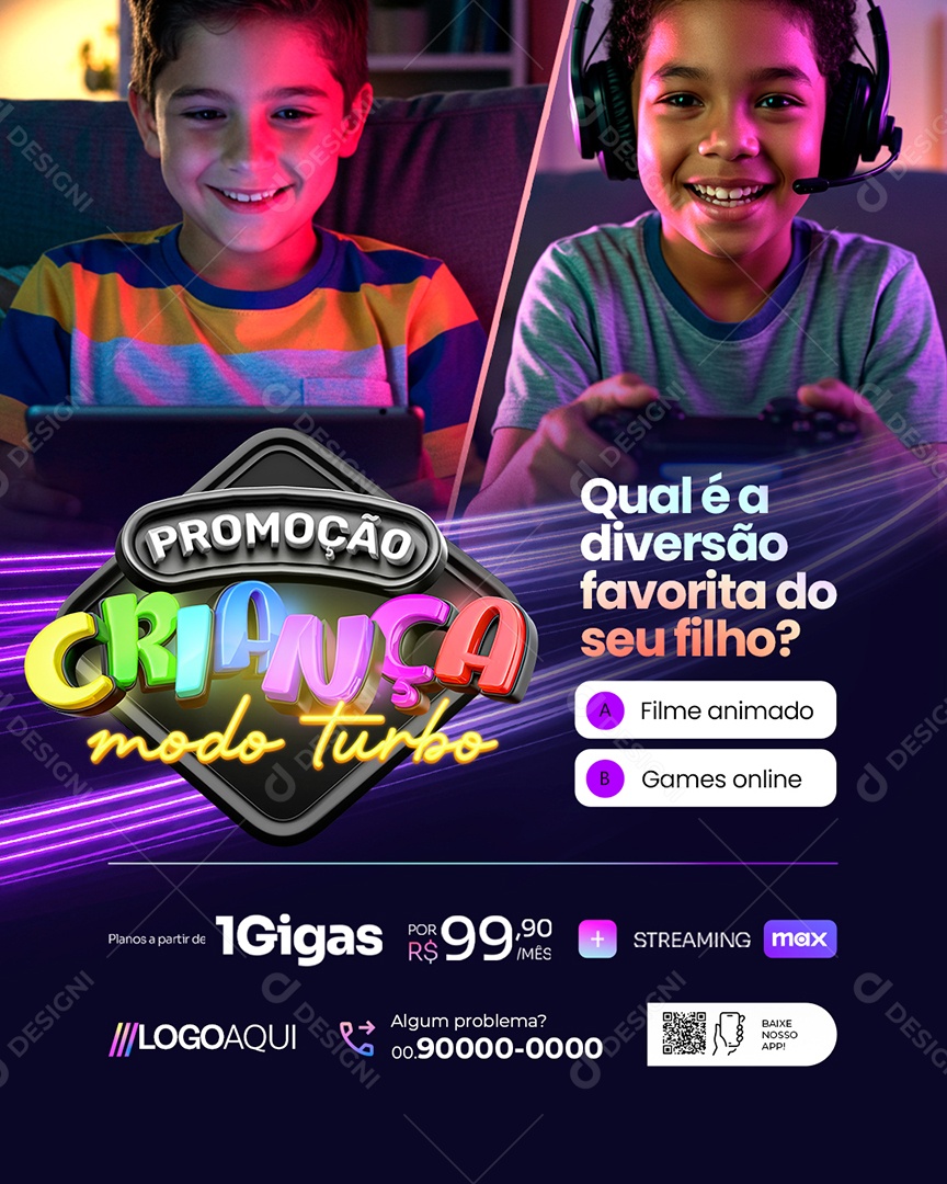Internet Promoção Criança Modo Turbo Qual é a Diversão Favorita do Seu Filho Social Media PSD Editável