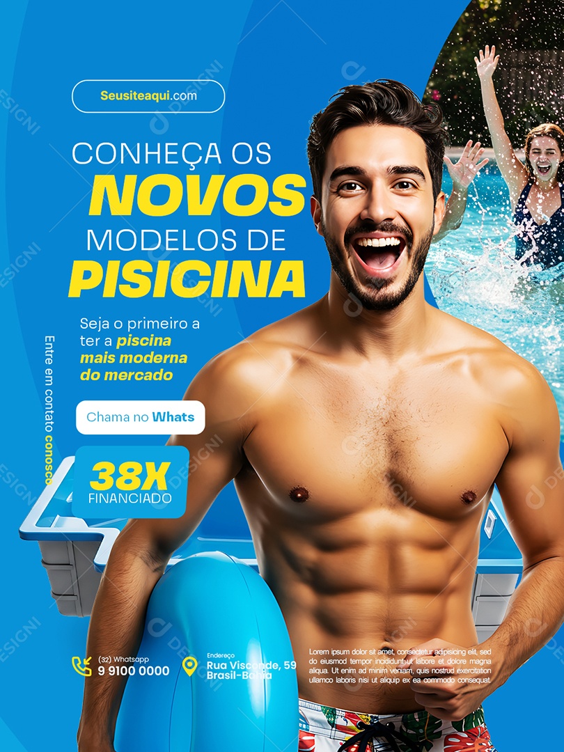 Loja Piscina Conheça os Novos Modelos de Piscina Social Media PSD Editável