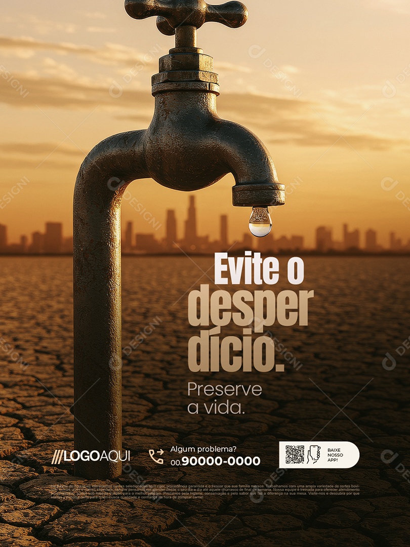 Conscientização Sobre a Água Evite o Desperdício Preserve a Vida Social Media PSD Editável