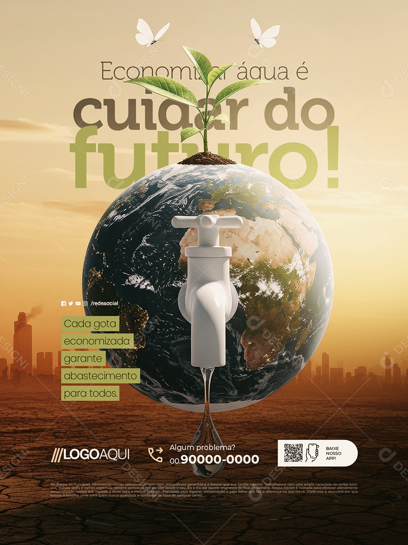 Conscientização Sobre a Água Economizar Água é Cuidar do Futuro Social Media PSD Editável