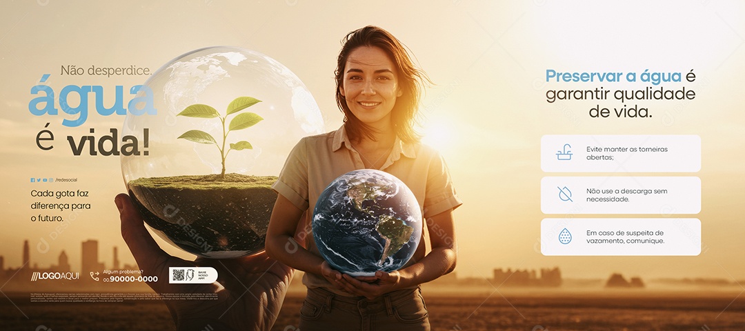 Carrossel Conscientização Sobre a Água Preservar a Água Social Media PSD Editável