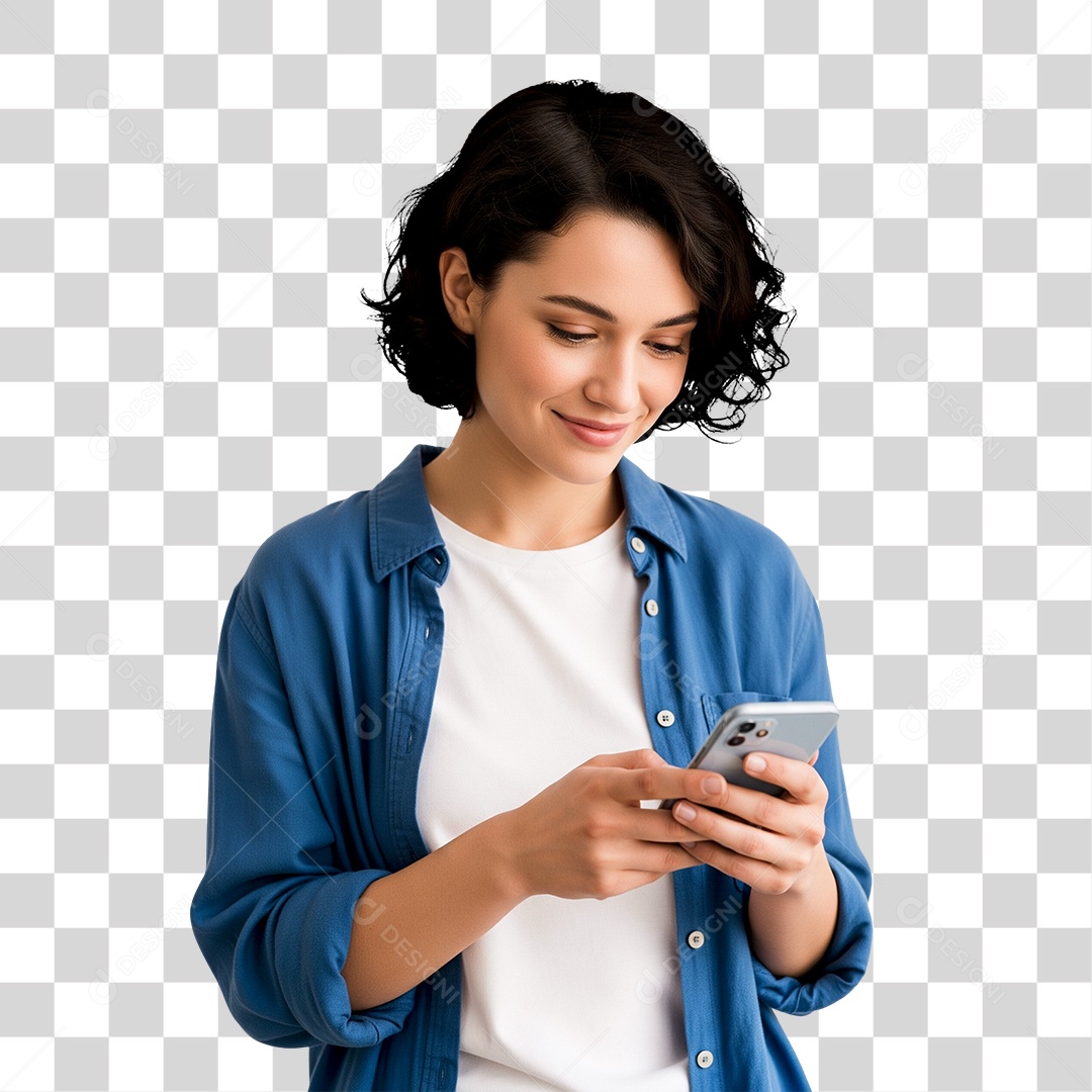 Mulher Vestindo Camisa Azul e Usando Celular PNG Transparente