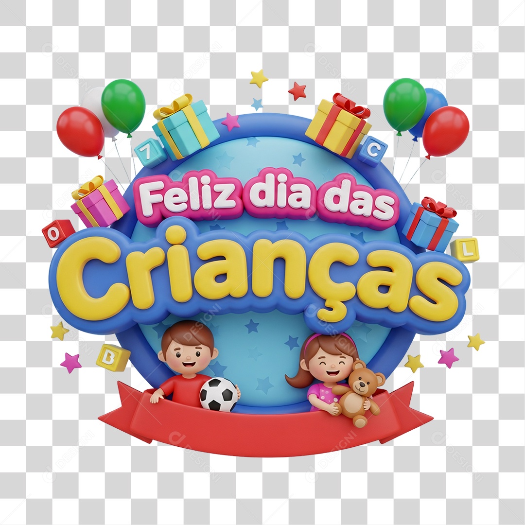 Selo 3D Feliz Dia das Crianças PNG Transparente