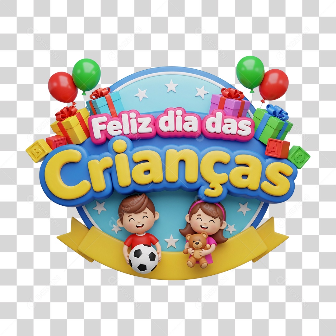 Selo 3D Feliz Dia das Crianças PNG Transparente
