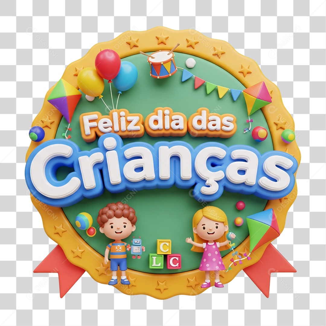 Selo 3D Feliz Dia das Crianças PNG Transparente