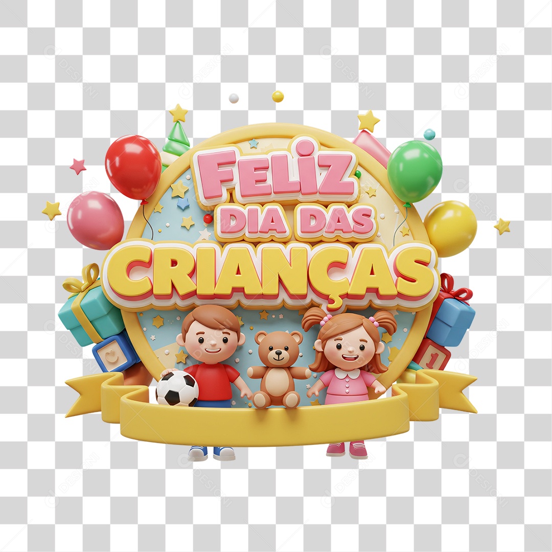 Selo 3D Feliz Dia das Crianças PNG Transparente