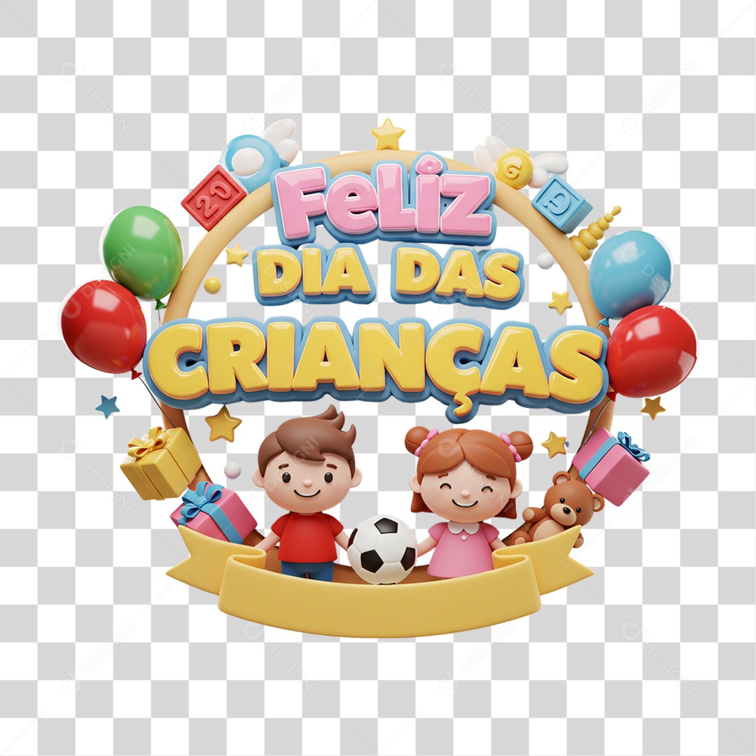 Selo 3D Feliz Dia das Crianças PNG Transparente
