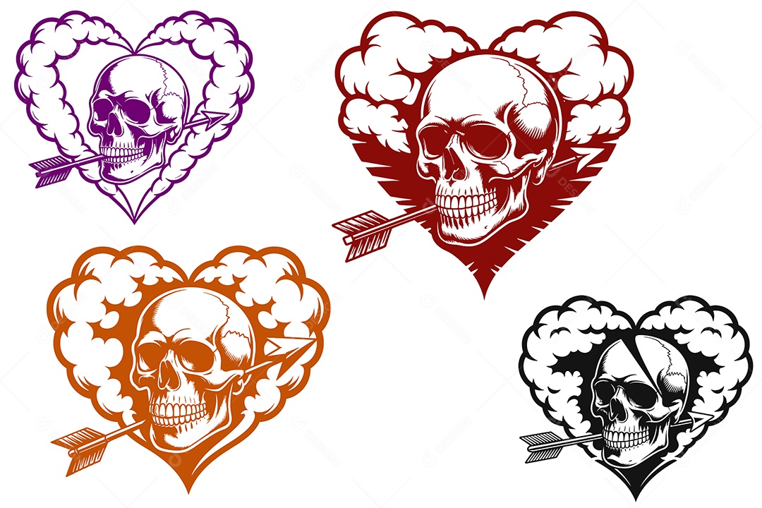 Caveiras e Coração Pronta para Recorte em Vinil Ilustração Vetor EPS + AI Editável