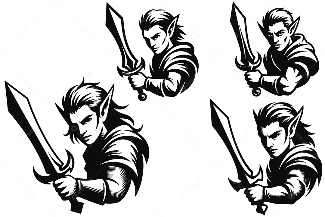 Elfo Guerreiro com Uma Espada Ilustração Vetor EPS + AI Editável